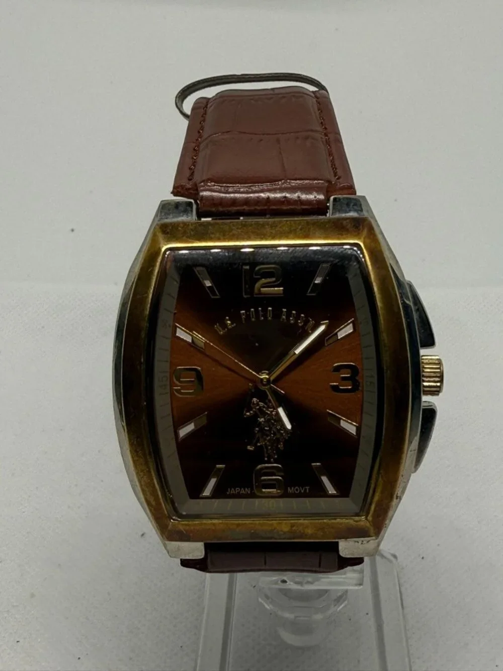 U.S. Polo Assn. Men's Rectangular Gold-Tone Watch Brown Leather Strap USC2117